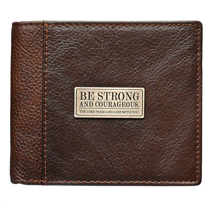 Christian Art Gifts - Wholesale Wallet - Men's - Wallet Leather Brown Be Strong & Courageous Badge