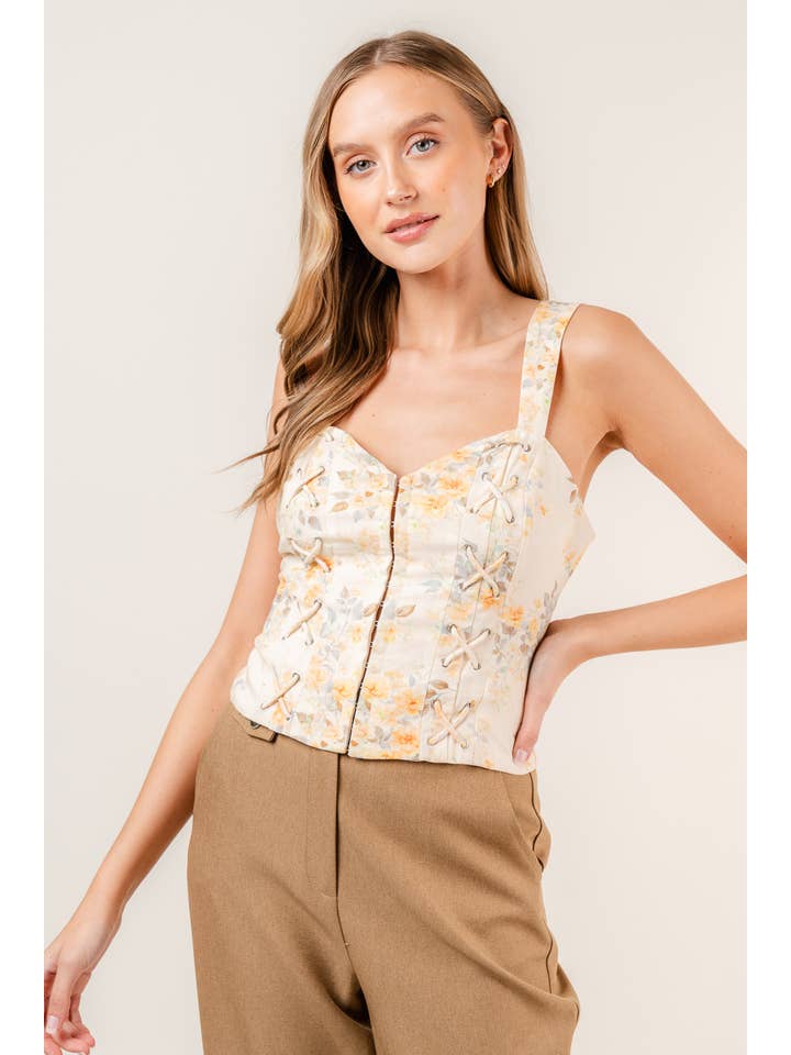 NATURAL COTTAGE CORE BOHO FLORAL LINEN PRINT CORSET TOP-TI5254FO for wholesale on Faire5