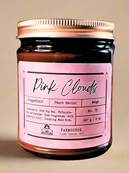 Pink Clouds Soy Candle | Dragonfruit + Peach Nectar + Mango for wholesale by Farmhouse Charm Candles Inc.