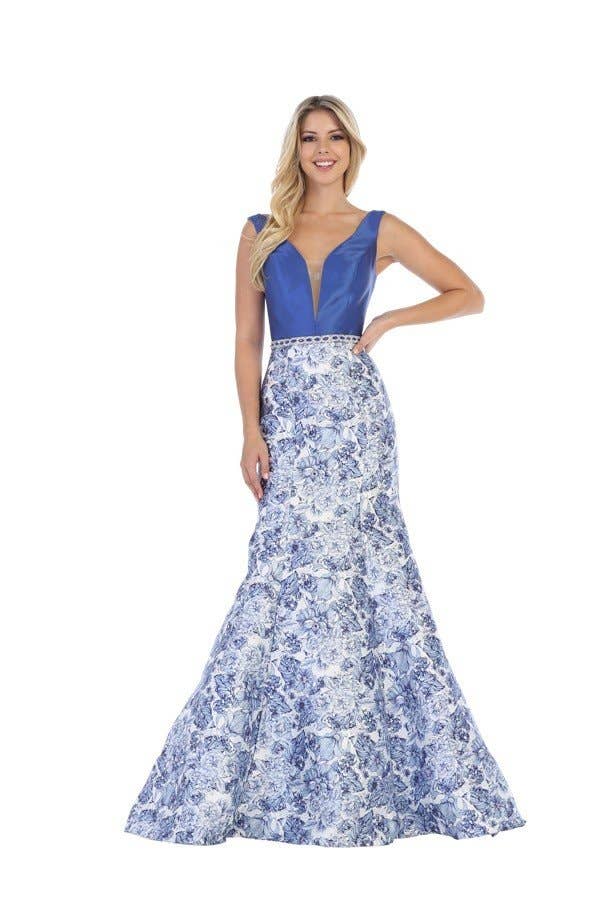 Blau Langes Satinkleid mit blauem Blumendruck und V-Ausschnitt XH5004 für den Großhandel auf Faire0