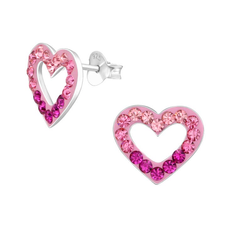 Girl's 925 Sterling Silver Post Earrings- Pink Crystal Heart for wholesale by Snazzy Girls