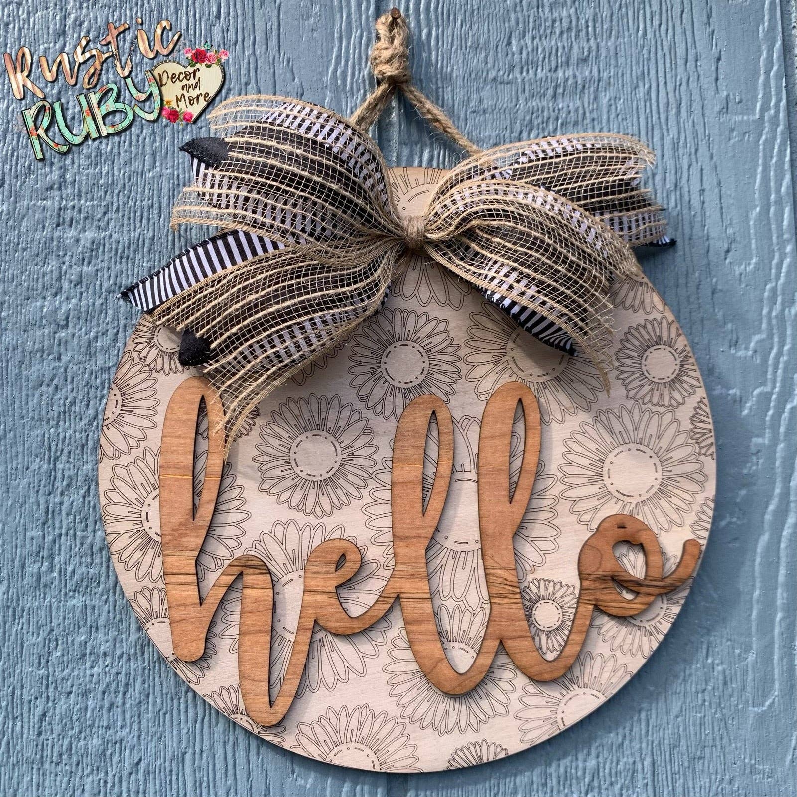 Rustic Ruby Decor and More LLC - Wholesale Door Hanger - Sunflower Engraved Hello Door Hanger2