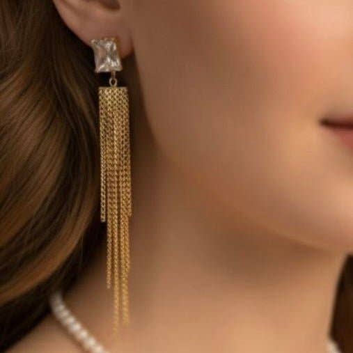 OE! - Wholesale Dangle Earrings - LUMINA - Long Earrings with Zircon and Golden Chains – Gold-Plated Brass0