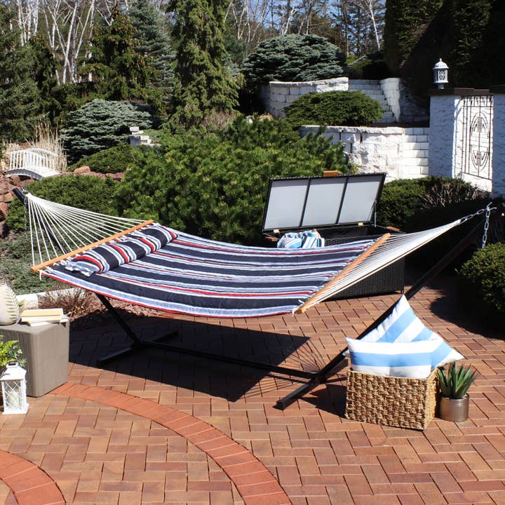 Large Quilted Hammock with Steel Stand - Nautical Stripe for wholesale by Sunnydaze Decor