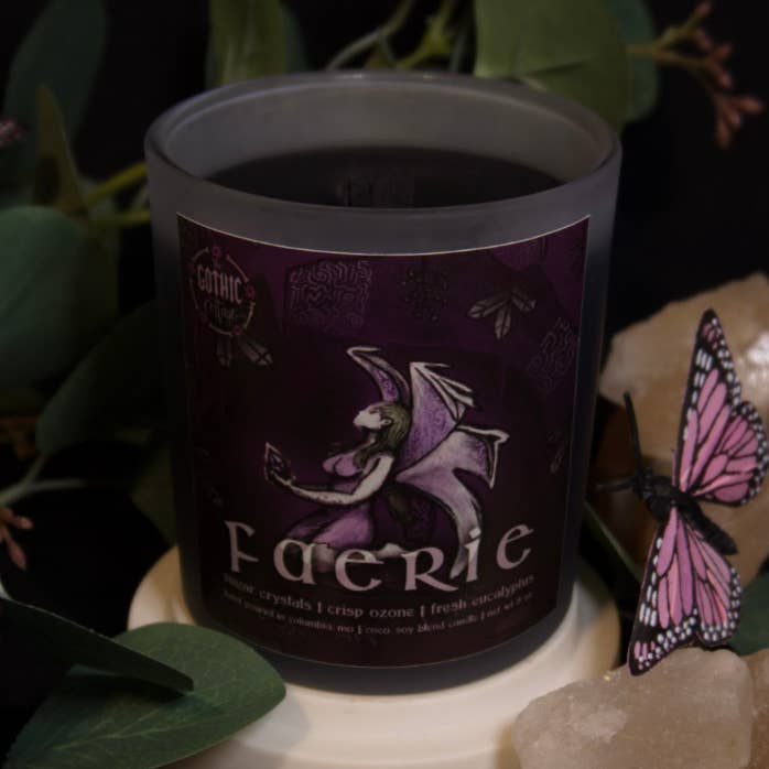 Sugar & Eucalyptus—8oz black candle | Faerie for wholesale by The Gothic Cottage