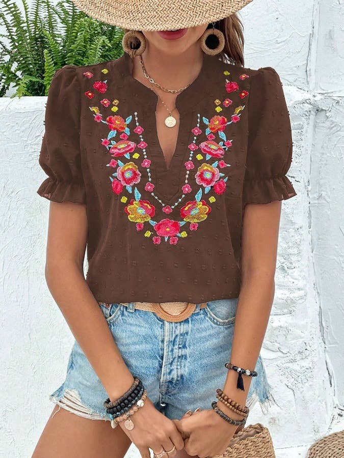 Rosa Clothing - Wholesale Blouse - Women's - Puff Sleeve Ethnic Floral Embroider Shirt3