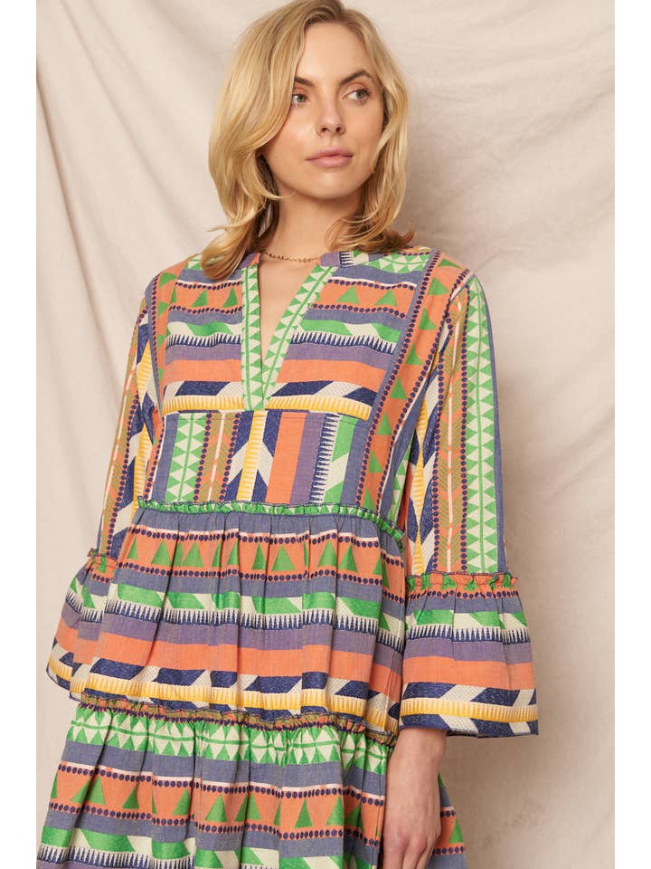 En Crème - Wholesale Dress - Women's - 3/4 Sleeve V-Neck Tiered Mini Dress