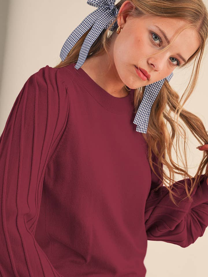 &MERCI - Wholesale Knit Sweater - Women's - STRIPE TEXTURE PUFF SLEEVE SWEATER MSW948554