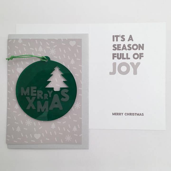 MERRY XMAS TREE Acrylic Bauble with card; green for wholesale by DOODLE MOO LTD