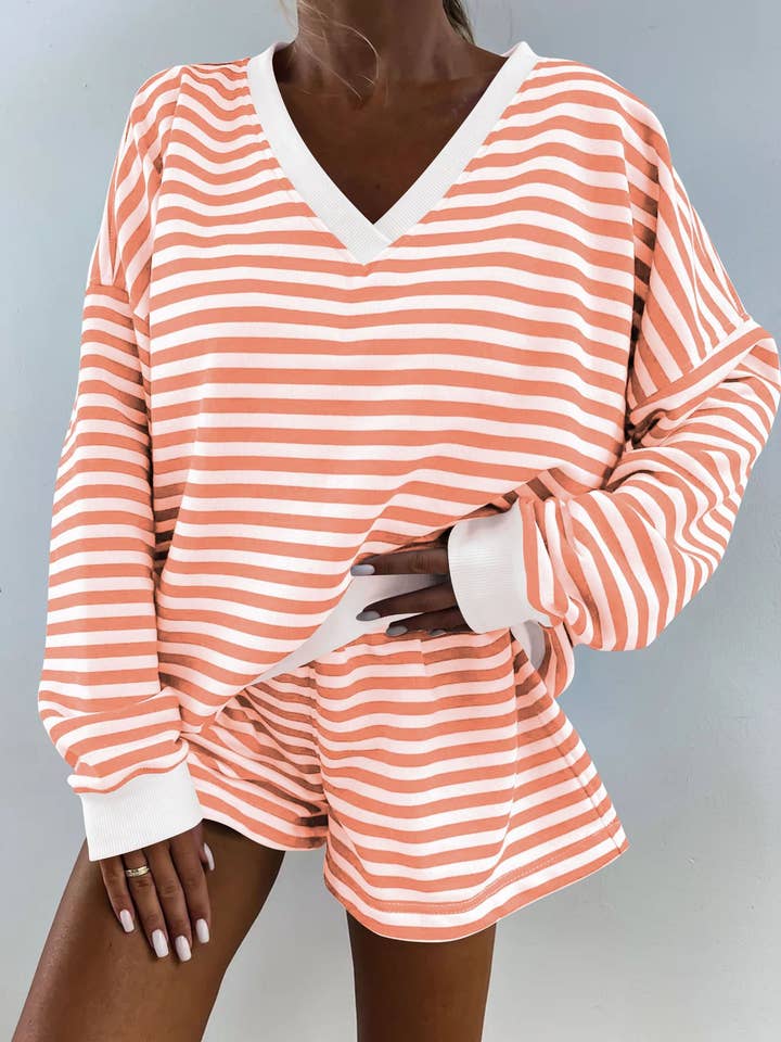 EmberLoom - Venta al por mayor Conjunto de ropa cómoda - Mujer - Conjunto de dos piezas de pijama con camiseta de manga larga a rayas y pantalones cortos para mujer8