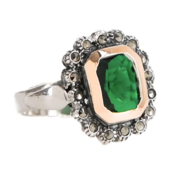 Anel Verde XL Marcassites em Prata e Ouro por atacado de PORTUGAL JEWELS