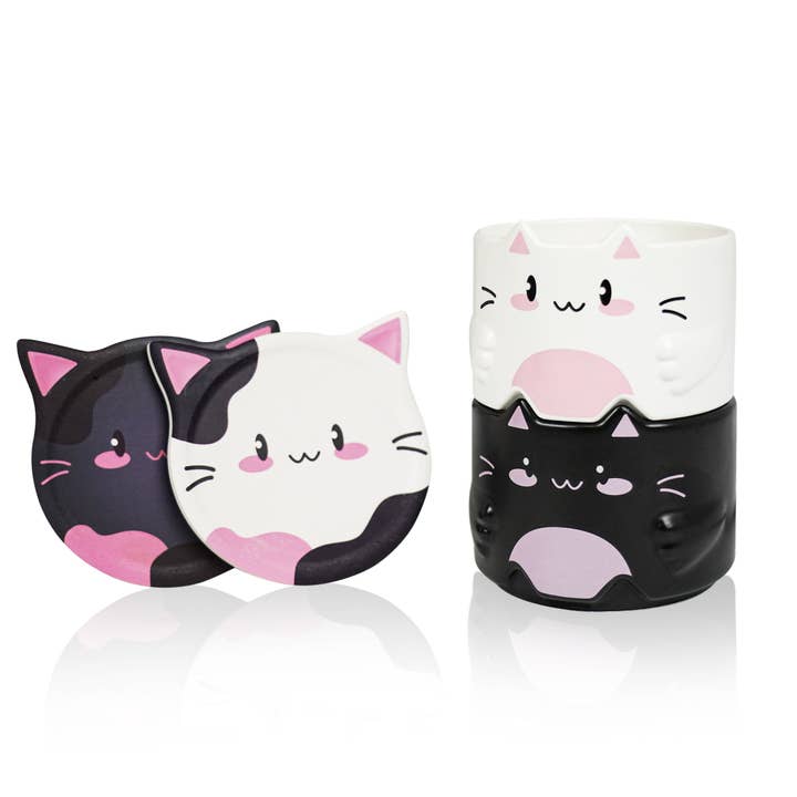 Yobro - Wholesale Coffee Mug - Stackble cat ear mug with Drink Coasters Set of 2 10oz