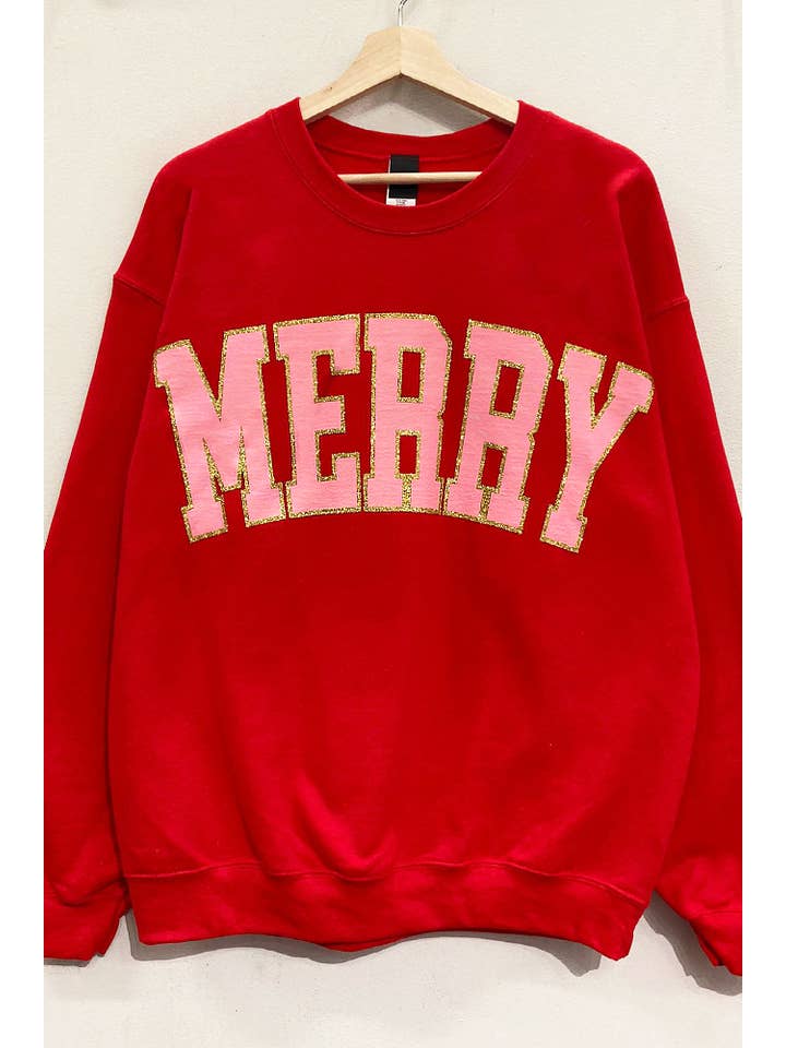Red Merry Glitter Holiday Sweatshirt for wholesale on Faire