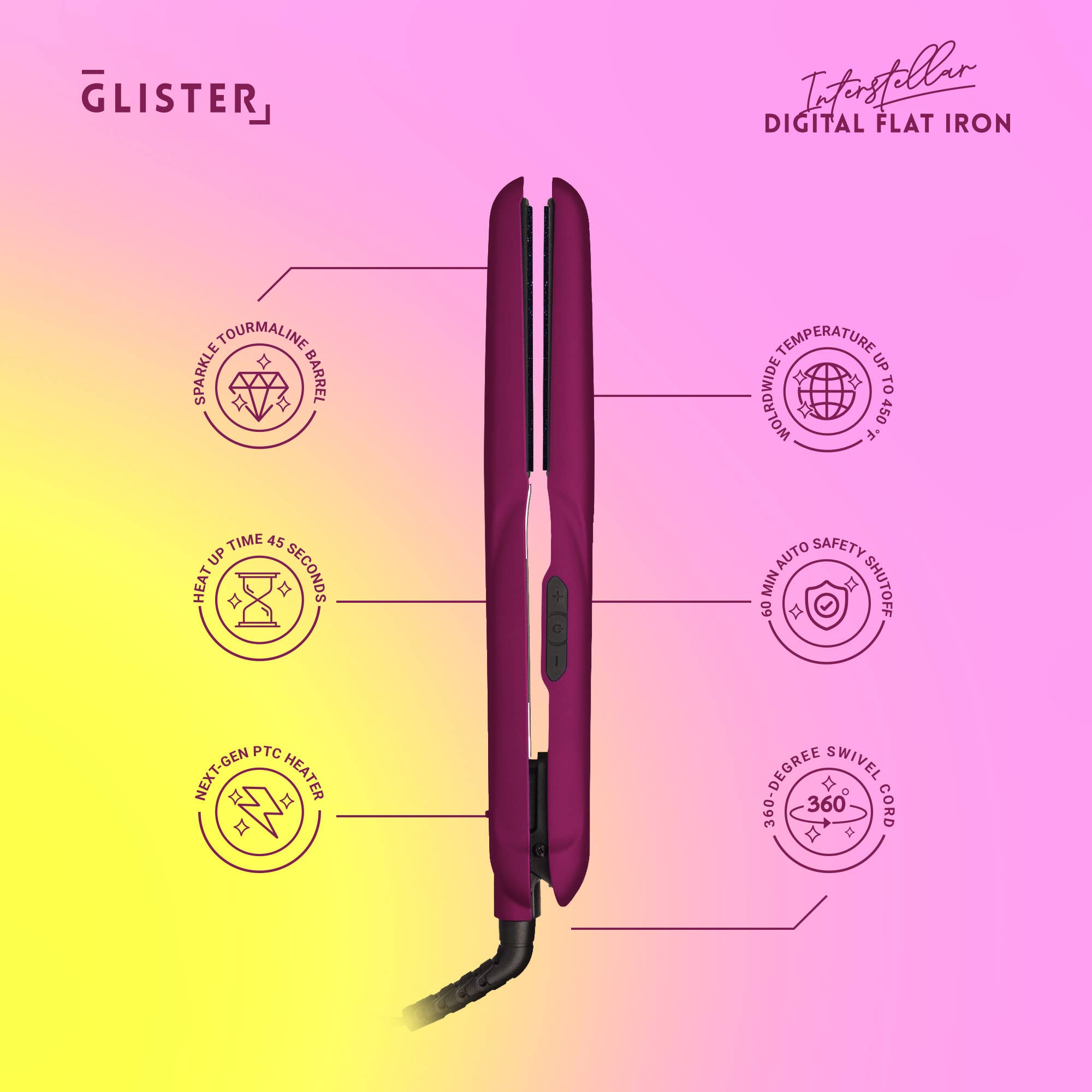 Glister - Wholesale Straightener/Flat Iron - Glister 1.25" Digital Tourmaline Flat Iron Purple w/ Display21