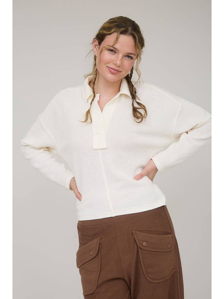 J.O.A - Wholesale Knit Top - Women's - EXPOSED SEAM LONG SLEEVE TEXTURED KNIT POLO36