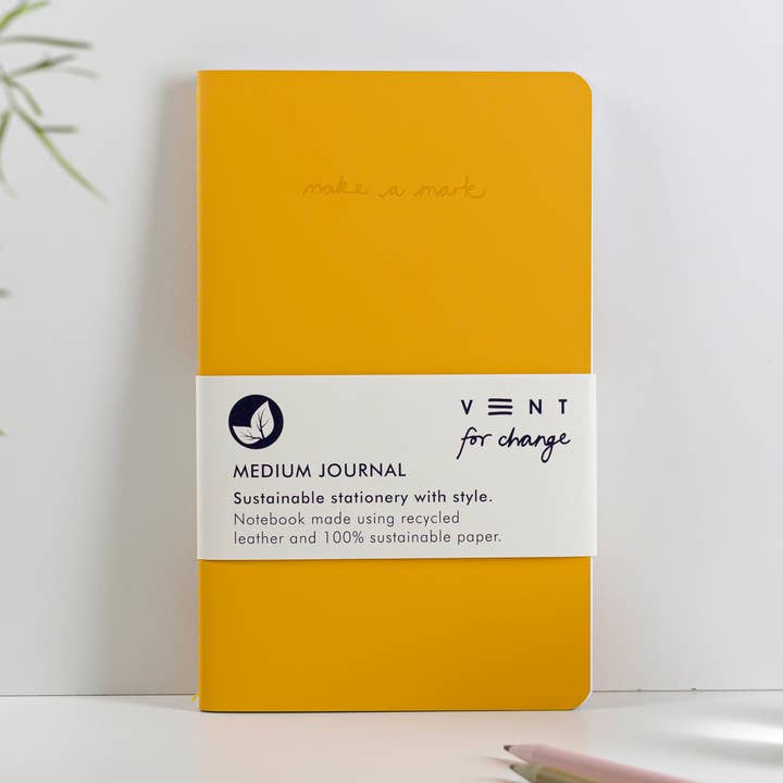 Yellow Medium Journal made from recycled leather for wholesale by VENT for Change USA