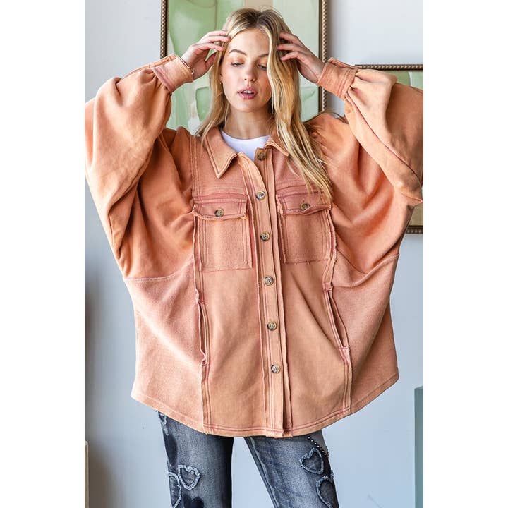 WASHED BALLOON SLEEVE BUTTON FRONT SHIRT JACKET for wholesale by Oli&Hali