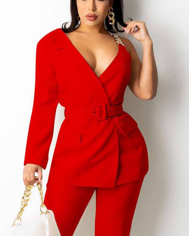 Fashion Combination - Venta al por mayor Conjuntos de top y pantalón (NO para estar en casa) - Mujer - Conjunto de blazer asimétrico con cinturón y pantalones a medida6