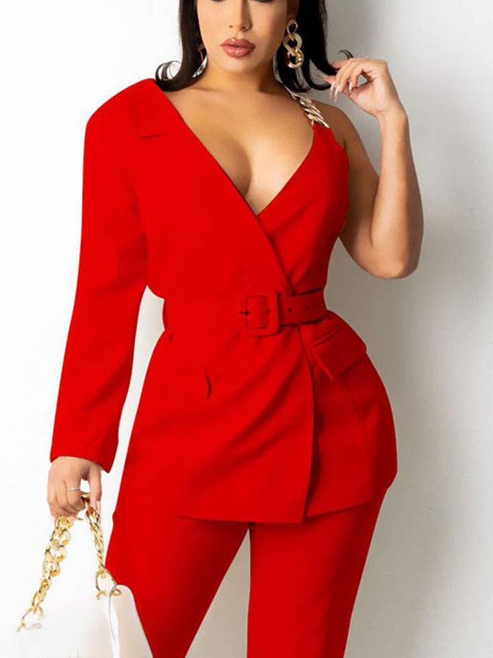 Fashion Combination - Wholesale Top & pants set (NOT Loungewear) – Women's - one shoulder belted blazer tailored pants set6