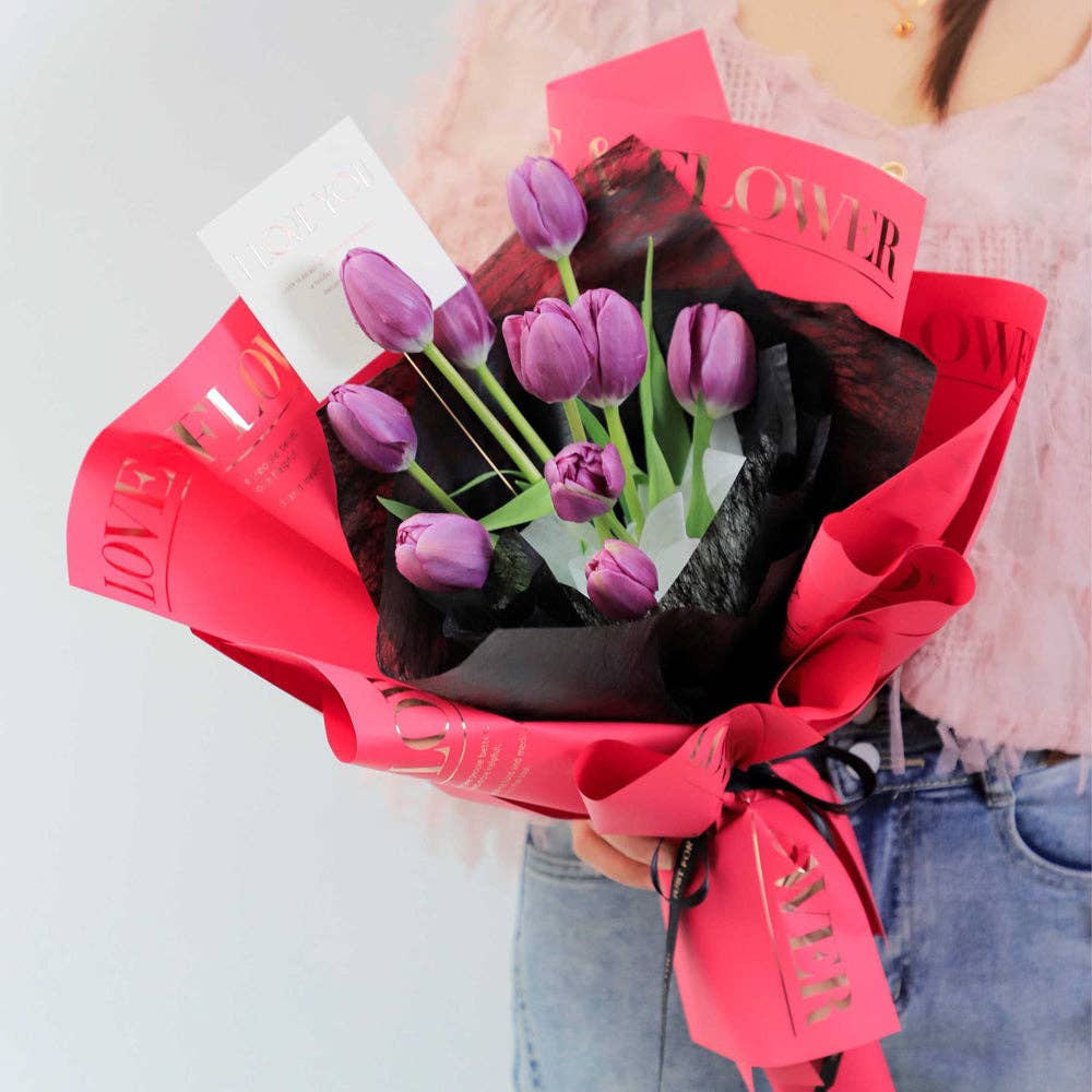 Elegant Design Supply - Wholesale Flat Wrap - Love and Flower Gold Foil Waterproof Flower Wrapping Paper (10 sheets/bag)7