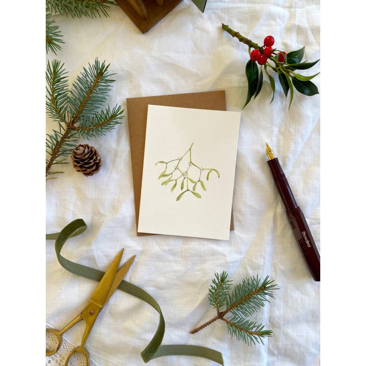 Annie Brougham Paper Goods. - Wholesale Christmas Card - Botanical Illustration Mistletoe Christmas Card
