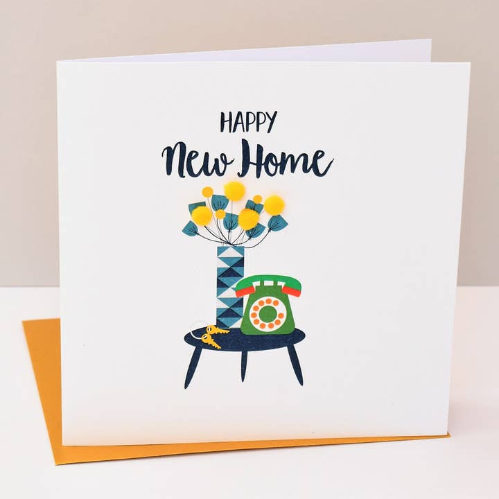 Claire Giles Ltd - Venta al por mayor Tarjetas de felicitación - Tarjeta de casa nueva, flores y teléfono, nueva casa, adornada con pompones de colores1