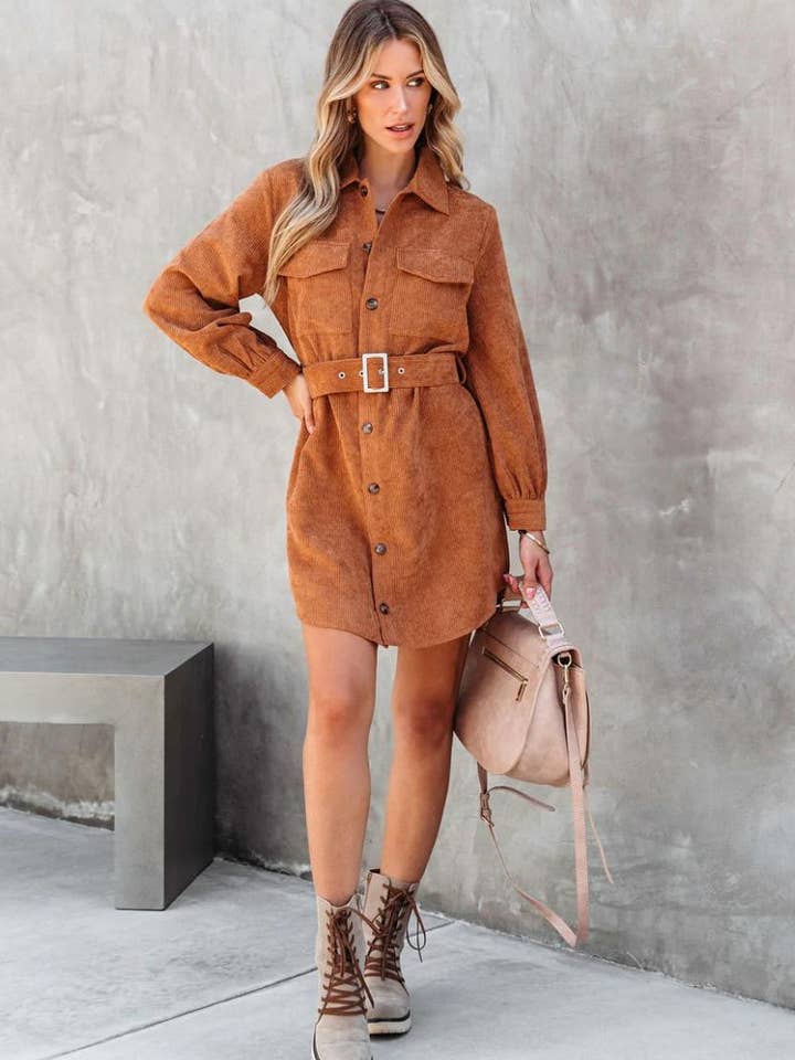 Lily Clothing - Wholesale Dress - Women's - WOMEN BUTTON DOWN CORDUROY BELTED SHORT DRESS_CWDSD17485