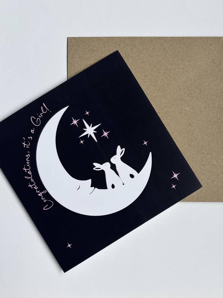 Baby Girl Card with Bunnies, Moons, Stars 'Congratulations' for wholesale by Laura M Designs