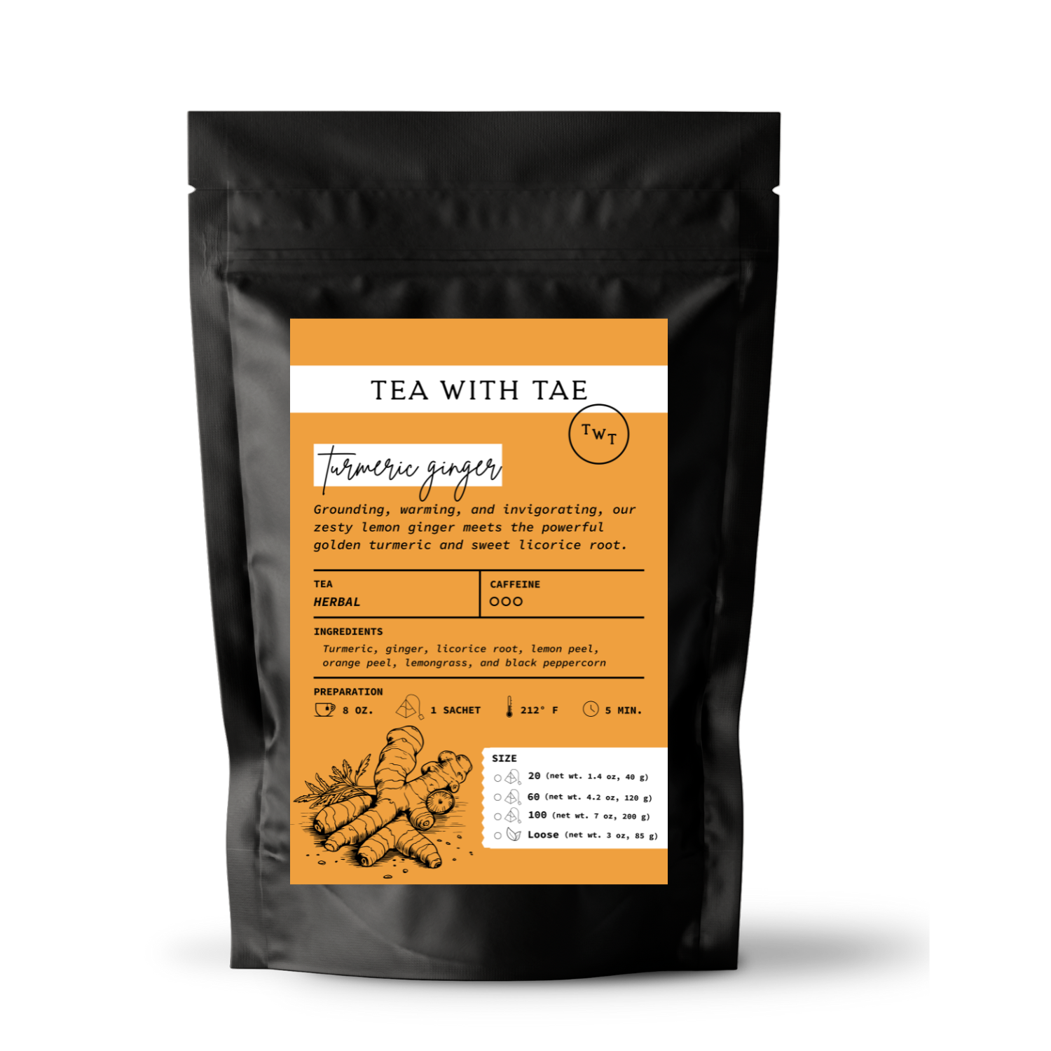 Tea with Tae - Wholesale Loose Tea - Turmeric Ginger Tea Pouch (20, 60, or 100 tea bags)0