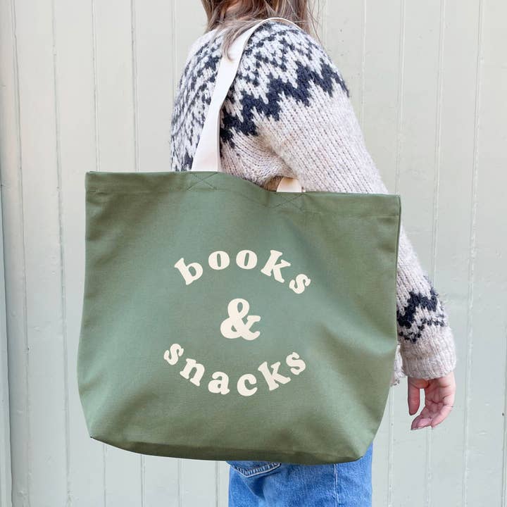 Alphabet Bags – wholesale Tote bag – Unisex – Books & Snacks - Olive Green Canvas Tote Bag1