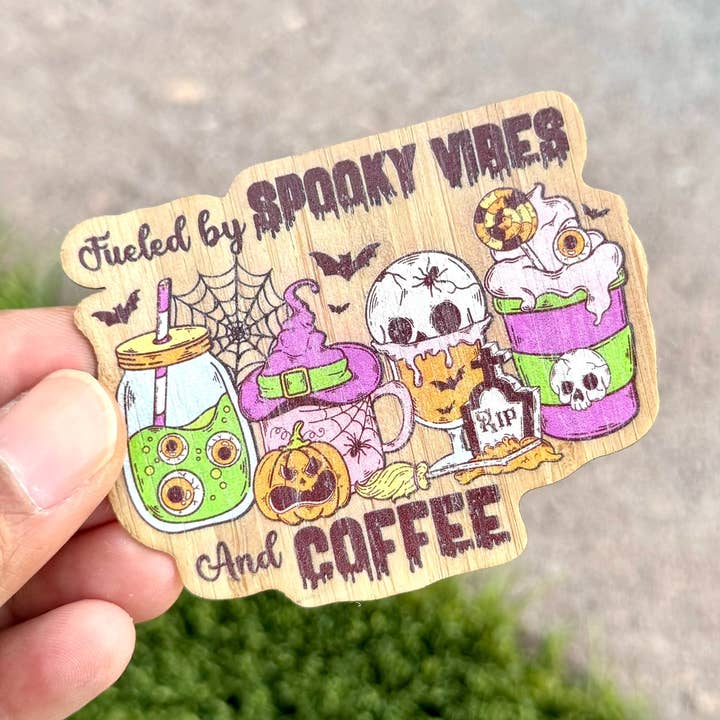 "Fueled by Spooky Vibes and Coffee" Bamboo Wood Sticker, Made in Las Vegas for wholesale by AFK Design Co
