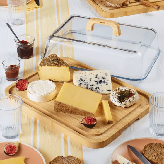 Cheese Box / Platter (Glass & Bamboo) with Handle for wholesale by Pebbly