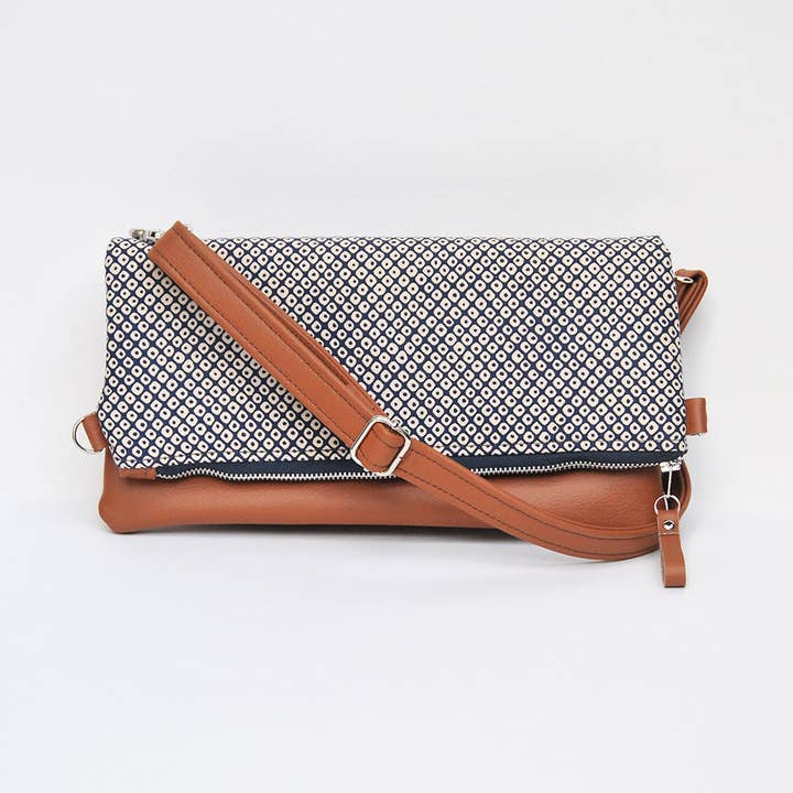 Dahlia Fold over Bag - Navy Shibori for wholesale by Lauren Holloway