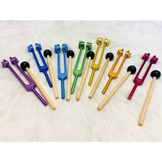 Karma Nepal Crafts - Wholesale Meditation Supplies - Seven Chakra Tuning Fork Set With Sign Bags and Mallet