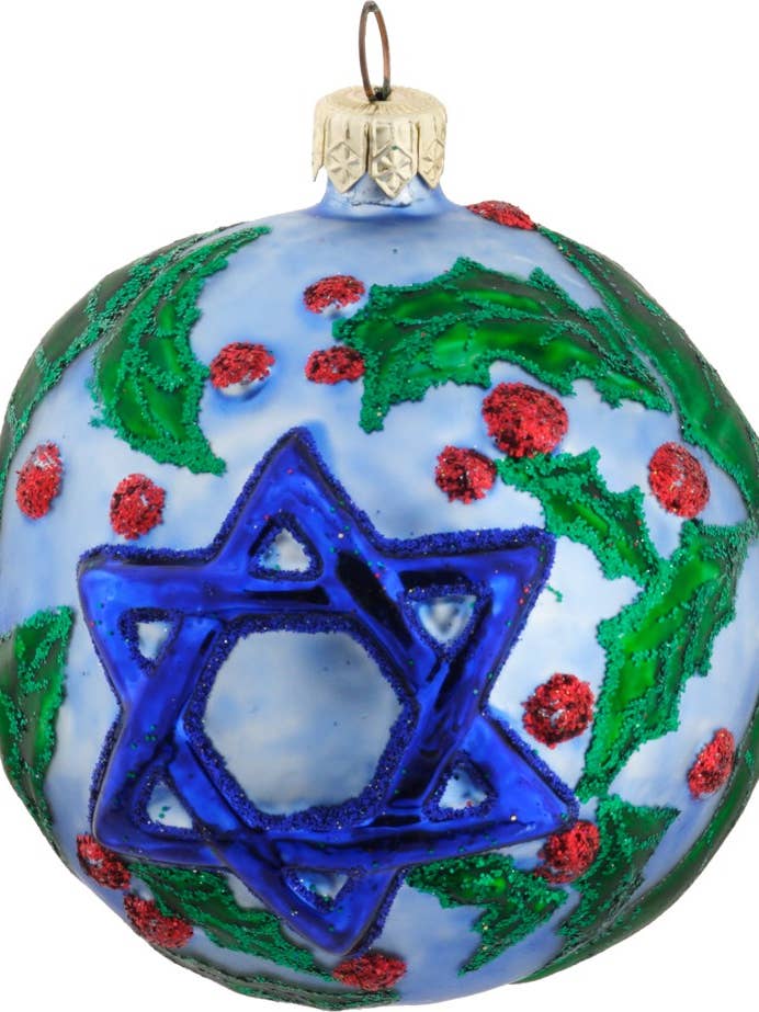 Blue Star Jewish Themed Glass Christmas Ornament for wholesale by Mia's Polish Treasures