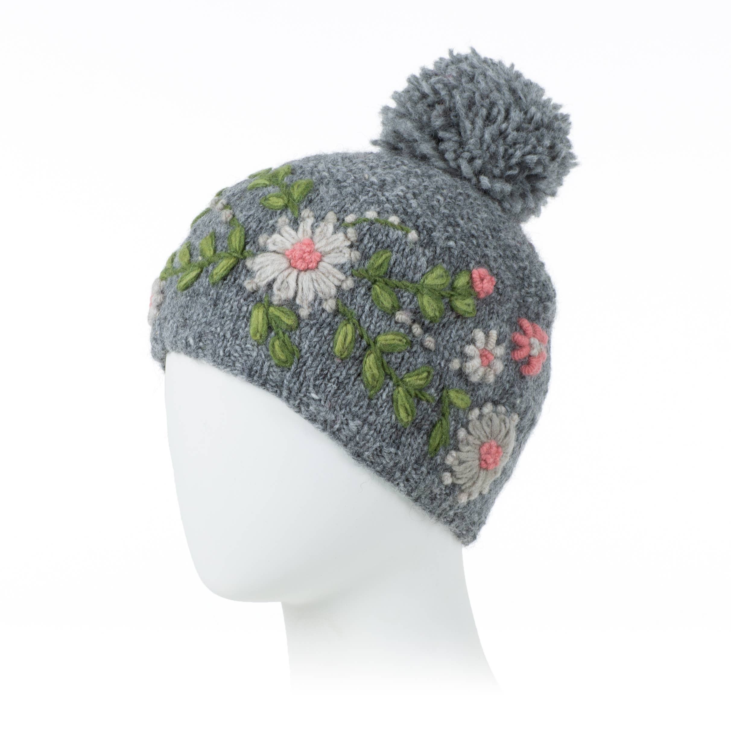 Lost Horizons Knitwear – Ships from USA - Wholesale Beanie - Women's - Olivia Hand-Embroidered Wool Hat with Pom7