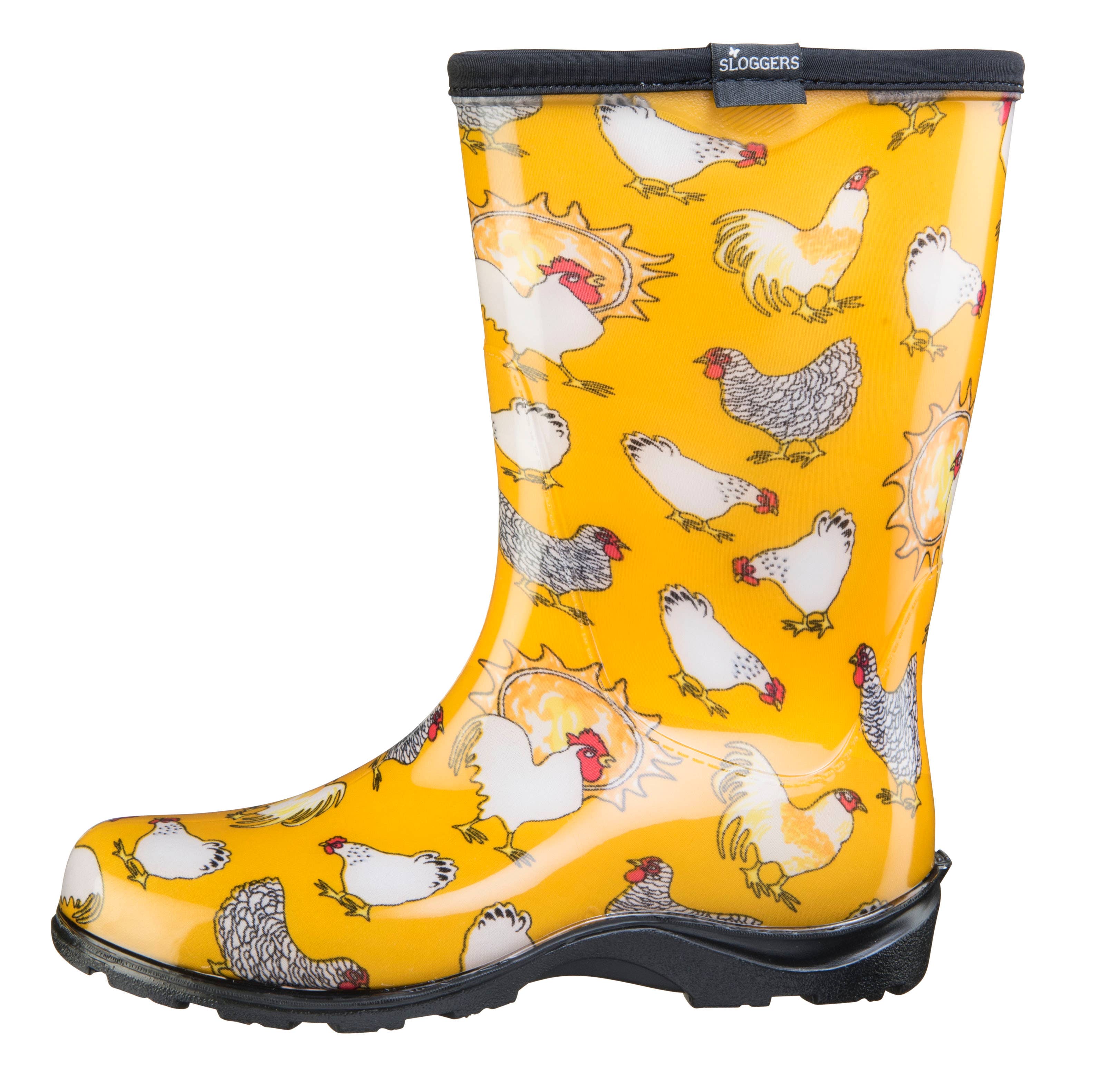 Sloggers - Vente Bottes de pluie – femme - Botte de pluie et de jardin pour femmes, jaune à imprimé poulet1