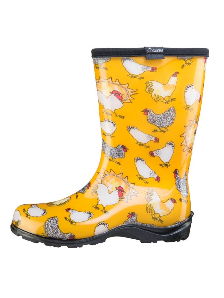 Sloggers - Vendita all'ingrosso Stivali da pioggia - Donna - Stivali da pioggia e da giardino da donna, con stampa di pollo, giallo1