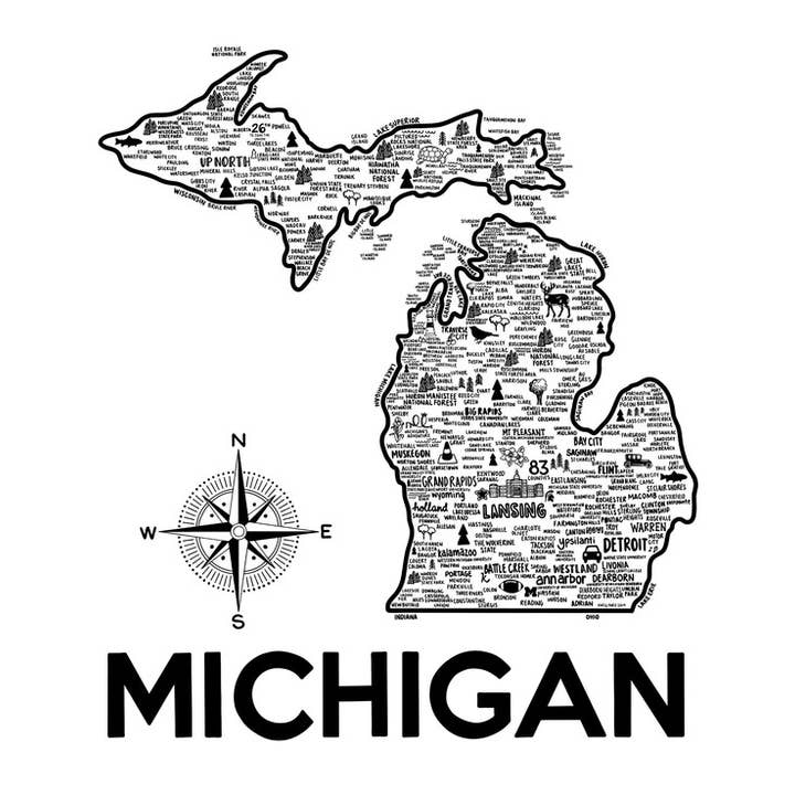 Michigan Carte Imprimer Blanc Et Noir pour la vente par Whereabouts Shop
