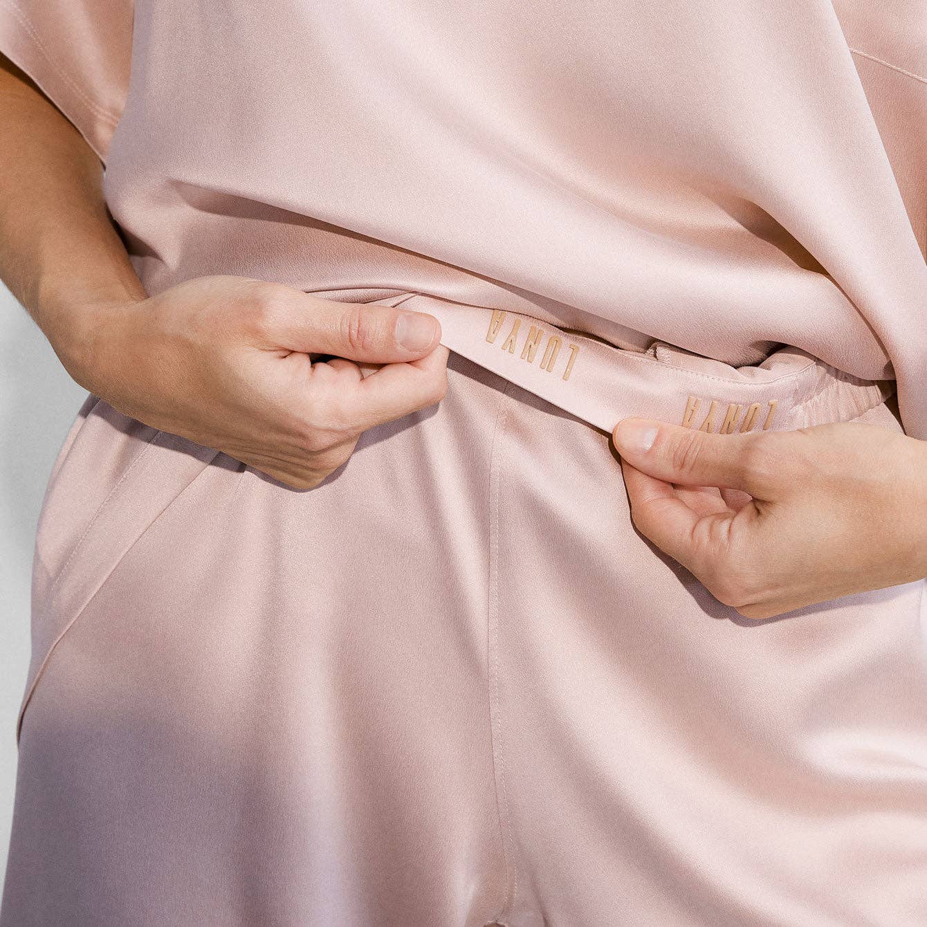 Delicate Pink Washable Silk Tee Pant Set for wholesale on Faire3