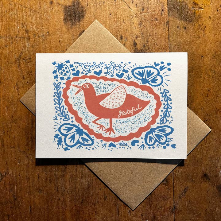 'Pájaro Agradecido' | Inspirado en el Folk | Tarjeta de Felicitación Floral A6 para venta al por mayor de Rebecca Joy Ltd