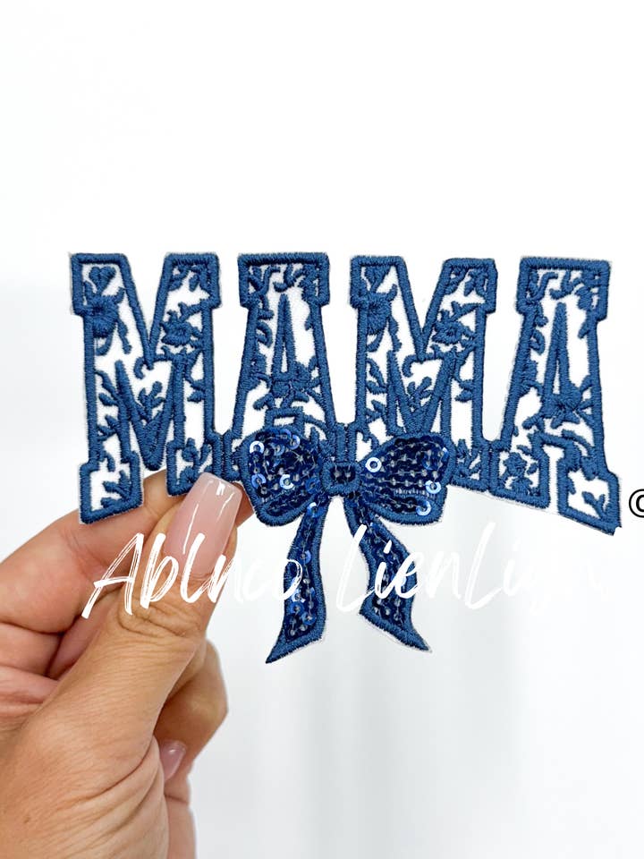Blue floral mama bow sequins embroidery patch for wholesale by ABLNco