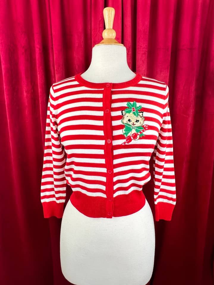 Mischief Made - Wholesale Cardigan - Women's - Candy Cane Kitten Striped Cardigan in Red/White2