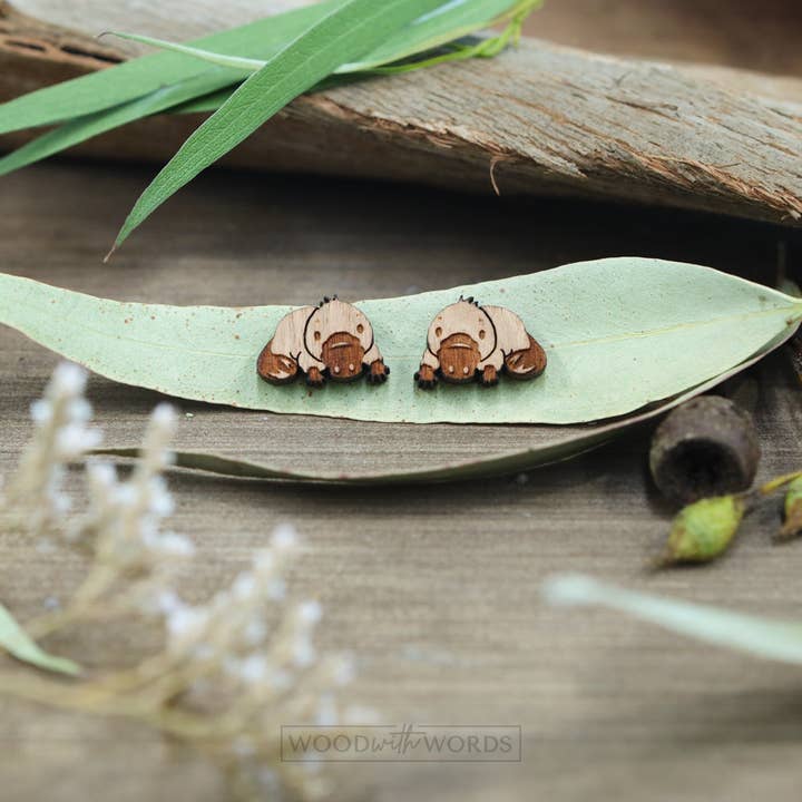 Platypus Wooden Stud Earrings for wholesale by Wood With Words