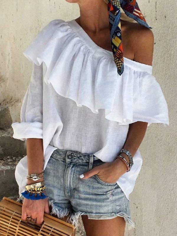 Sheer Trend - Wholesale Blouse - Women's - Original Solid Color Falbala Off-The-Shoulder T-Shirt Top