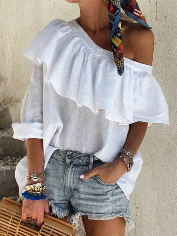 Sheer Trend - Wholesale Blouse - Women's - Original Solid Color Falbala Off-The-Shoulder T-Shirt Top0