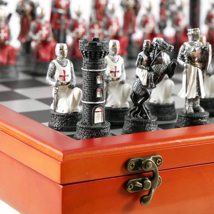 WorldWise Imports - Wholesale Board Game - Chess Set - Crusades IV Resin Men on Cherry Stain Chest