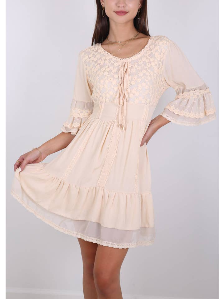 Anna Kaci Wholesale - Wholesale Dress - Women's - Boho Peasant Floral Lace Ruffle Hem Bell Sleeve Mini Dress