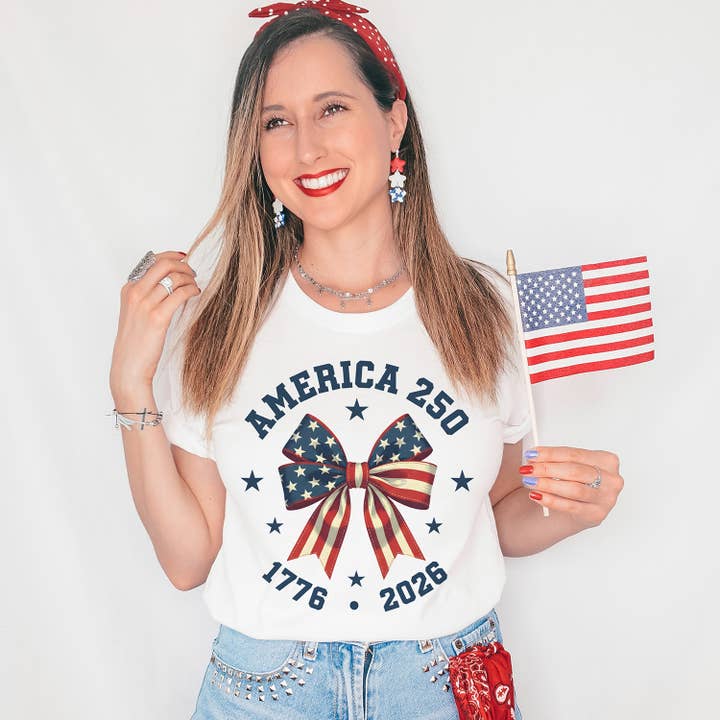 Patriotic Ribbon America 250 Graphic Tshirt for wholesale by God And Glory Gifts
