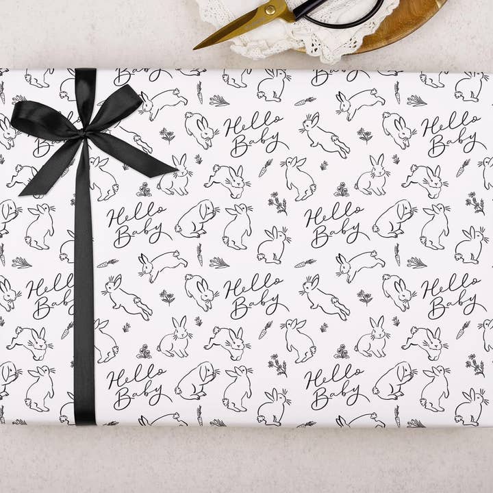 White & Black Baby Shower Bunny Wrapping Paper | Gift Wrap Sheet for wholesale by Making Meadows Ltd